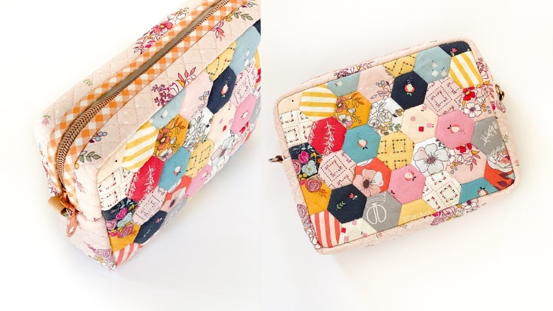 How to make Hexagon block pouch, Quilted Zipper Pouch, Boxy Cross Bag Tutorial, English Paper