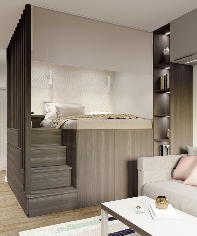 Проект квартиры почти 43 м с реечными перегородками и высокой кроватью.